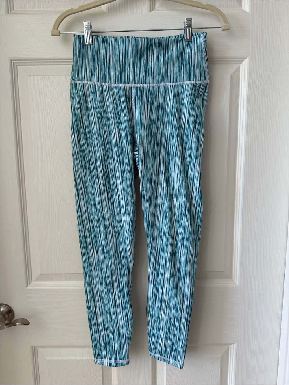 Fabletics Teal and White PowerHold Striped Leggings